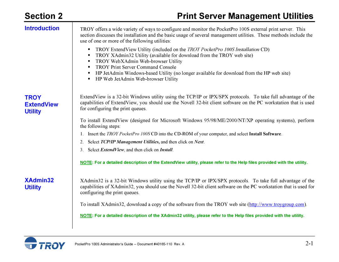 TROY Group 100S manual Print Server Management Utilities, ExtendView Utility XAdmin32 Utility 