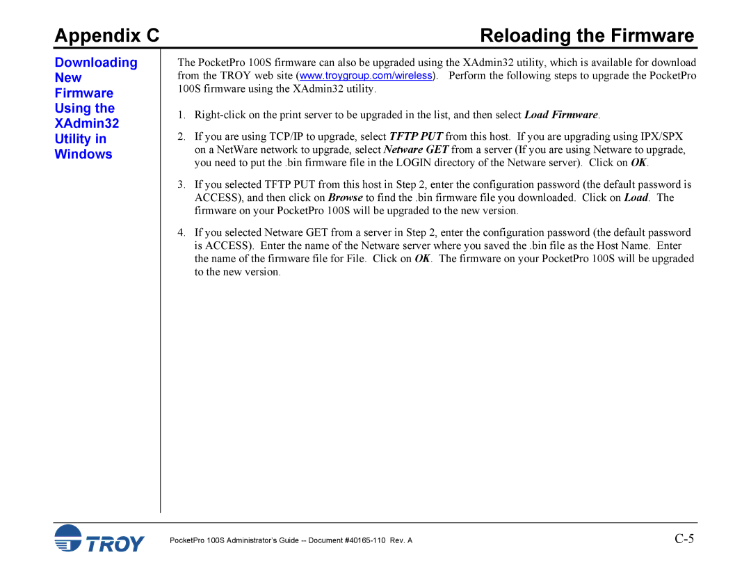 TROY Group 100S manual Downloading New Firmware Using XAdmin32 Utility Windows 