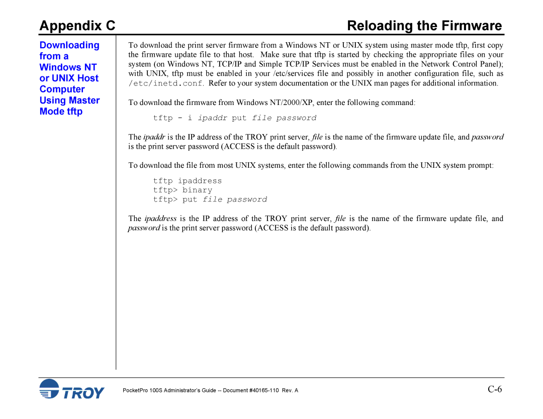 TROY Group 100S manual Tftp i ipaddr put file password 