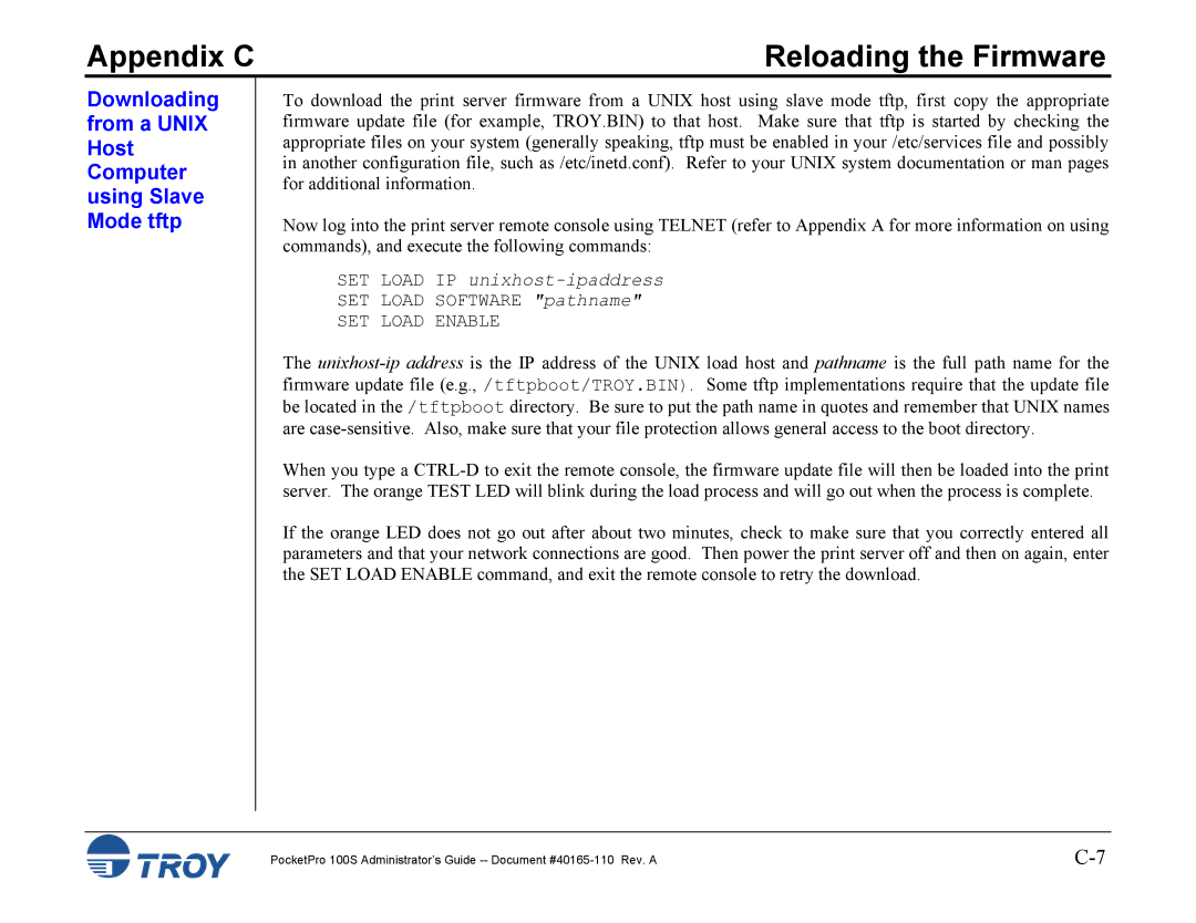 TROY Group 100S manual Downloading from a Unix Host Computer using Slave Mode tftp 