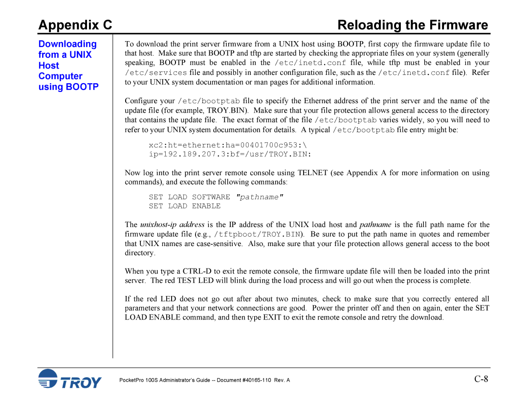 TROY Group 100S manual Downloading from a Unix Host Computer using Bootp 