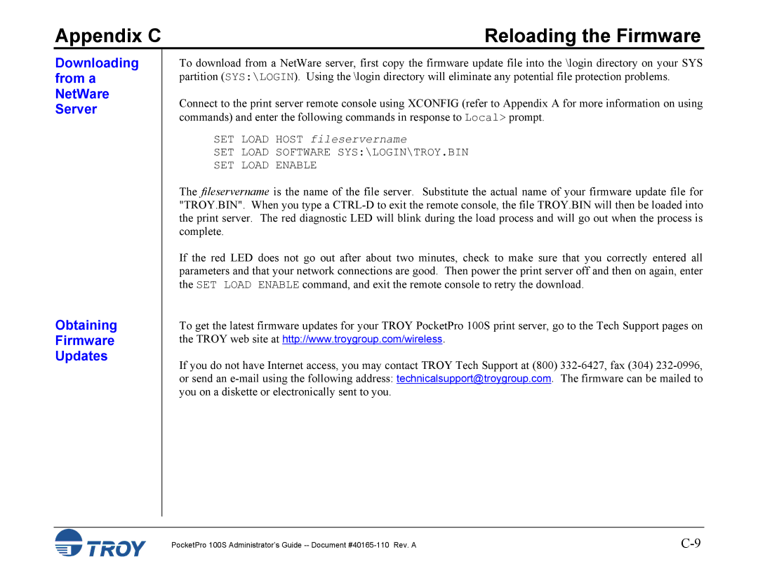 TROY Group 100S manual Downloading from a NetWare Server Obtaining Firmware Updates 