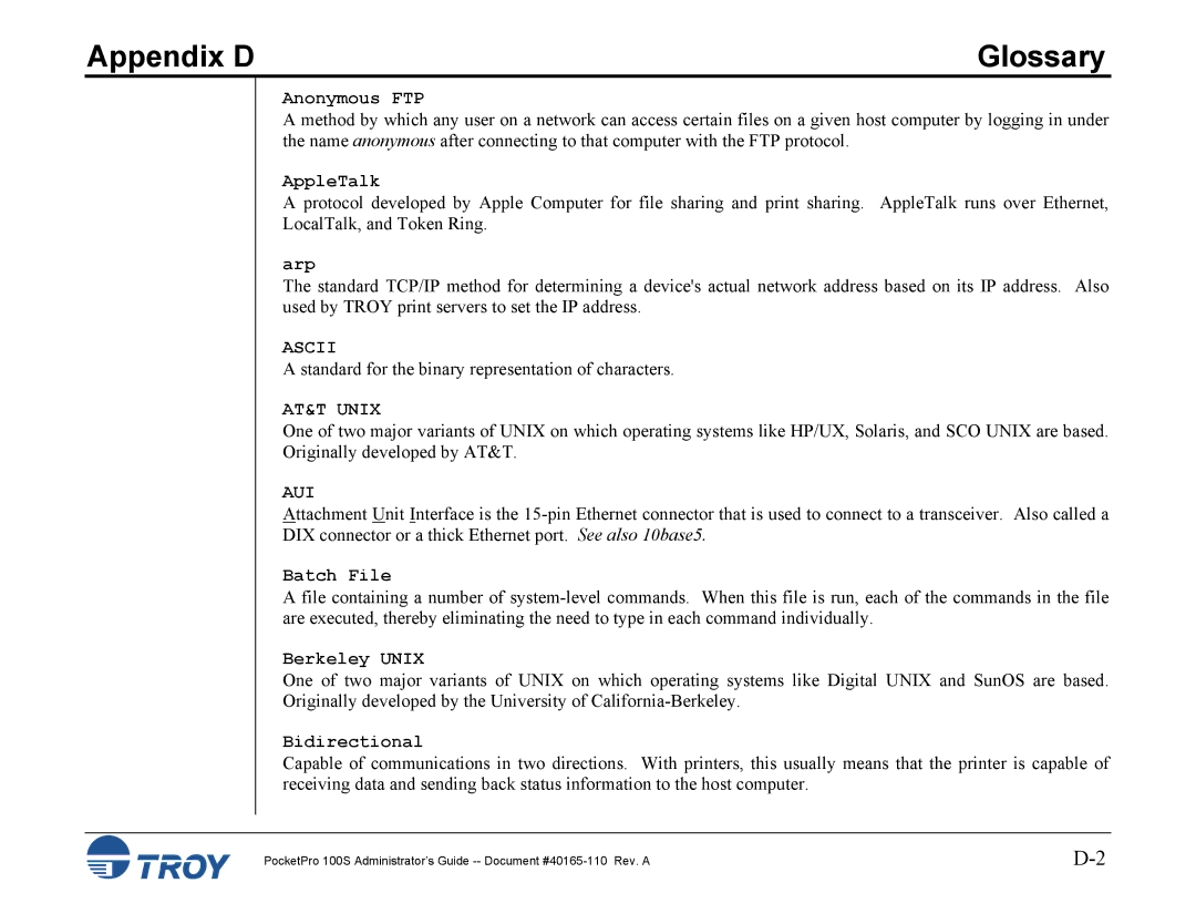 TROY Group 100S manual Ascii, AT&T Unix, Aui 