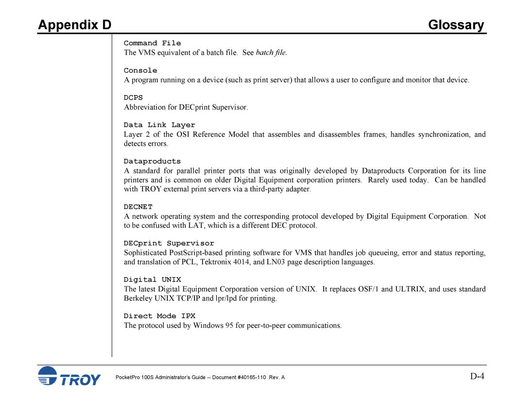 TROY Group 100S manual Dcps, Decnet 