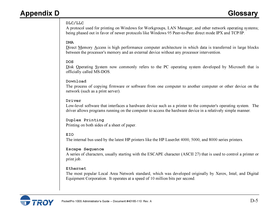 TROY Group 100S manual Appendix D, Dlc/Llc, Dma, Dos, Eio 