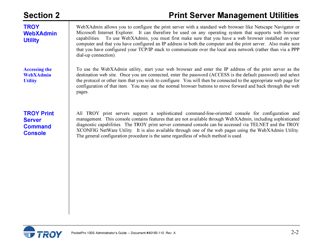 TROY Group 100S manual Troy Print Server Command Console, Accessing WebXAdmin Utility 