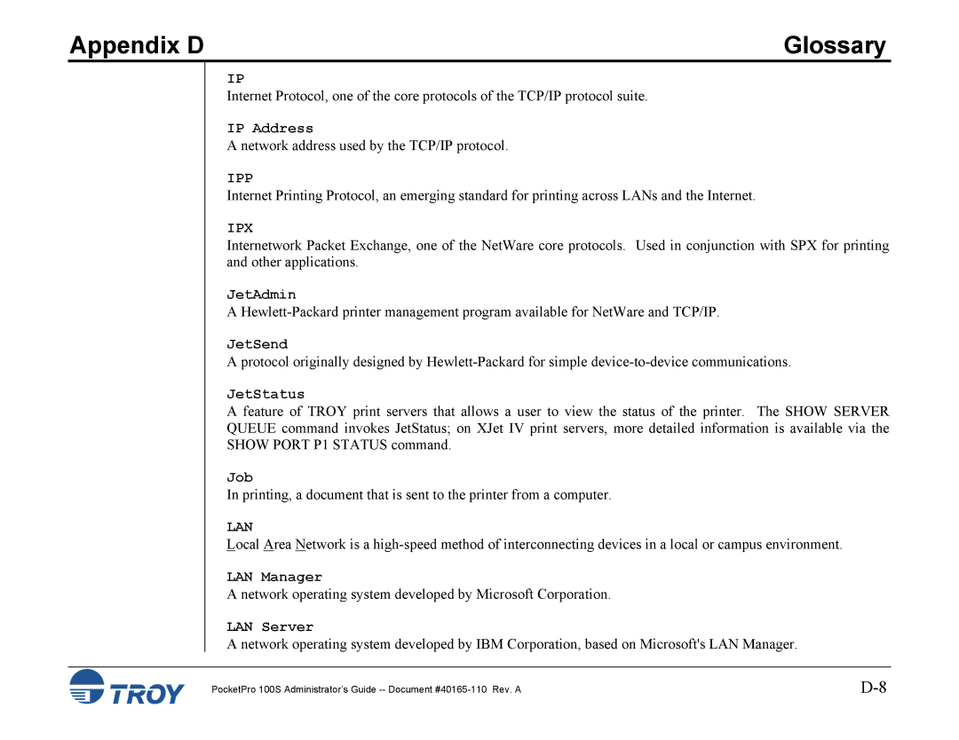 TROY Group 100S manual Ipp, Ipx, Lan 