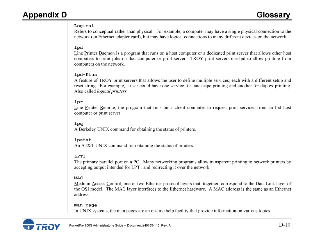 TROY Group 100S manual LPT1, Mac 