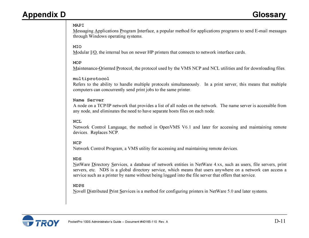 TROY Group 100S manual Mapi, Mio, Mop, Ncl, Ncp, Nds, Ndps 