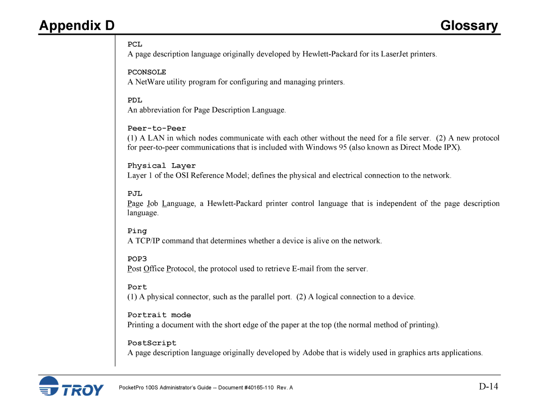 TROY Group 100S manual Pcl, Pconsole, Pdl, Pjl, POP3 