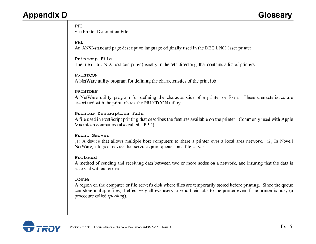 TROY Group 100S manual Ppd, Ppl, Printcon, Printdef 