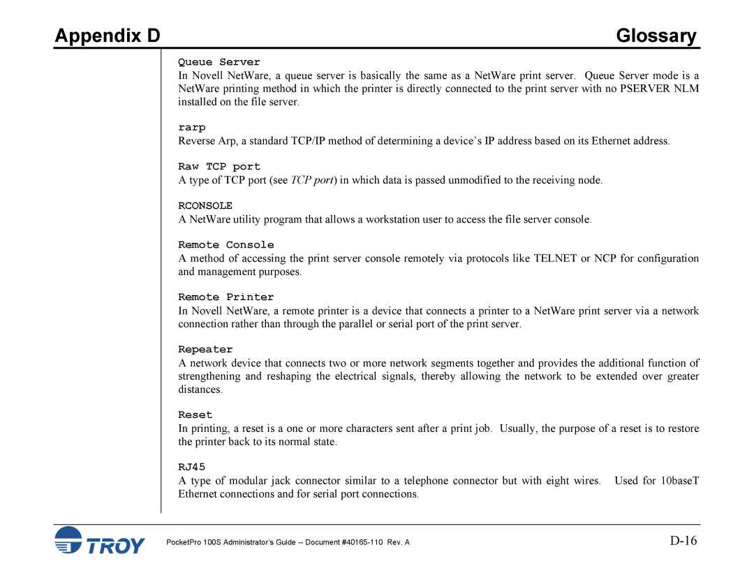 TROY Group 100S manual Rconsole 