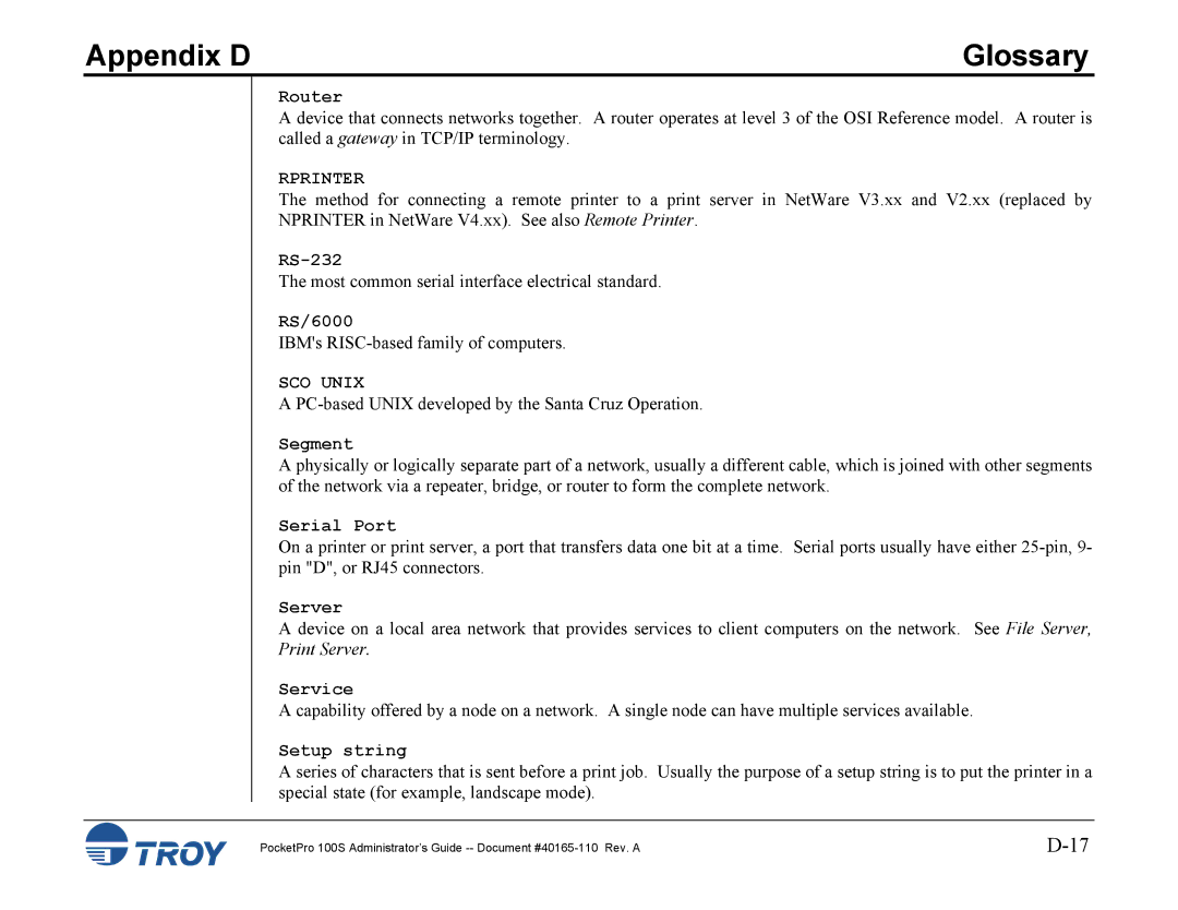 TROY Group 100S manual Rprinter, SCO Unix 