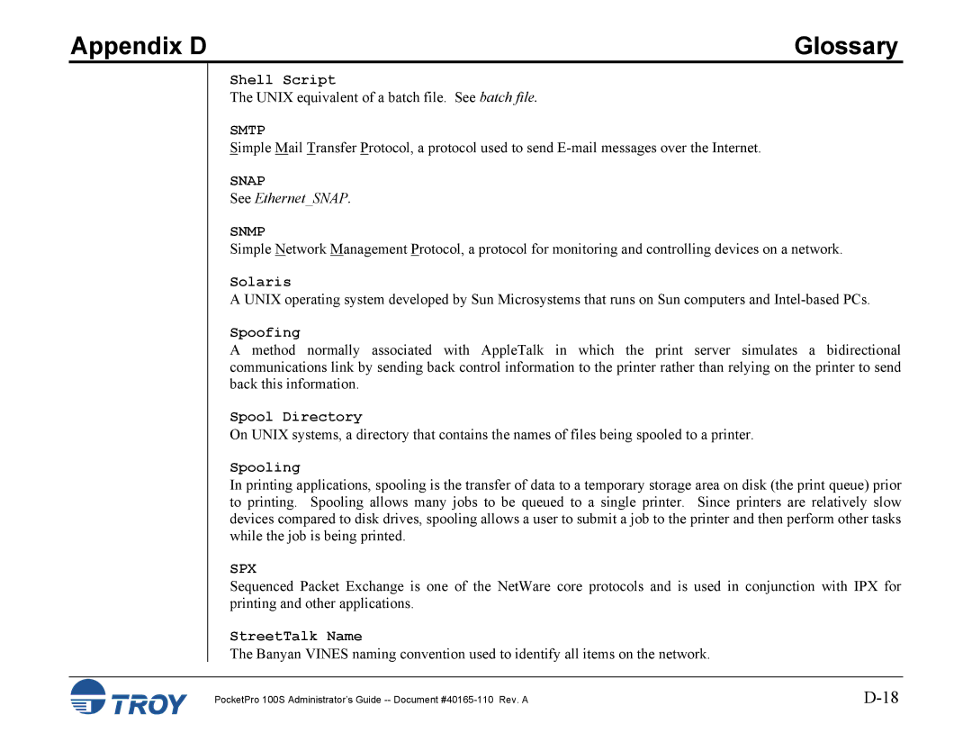 TROY Group 100S manual Smtp, Snap, Snmp, Spx 