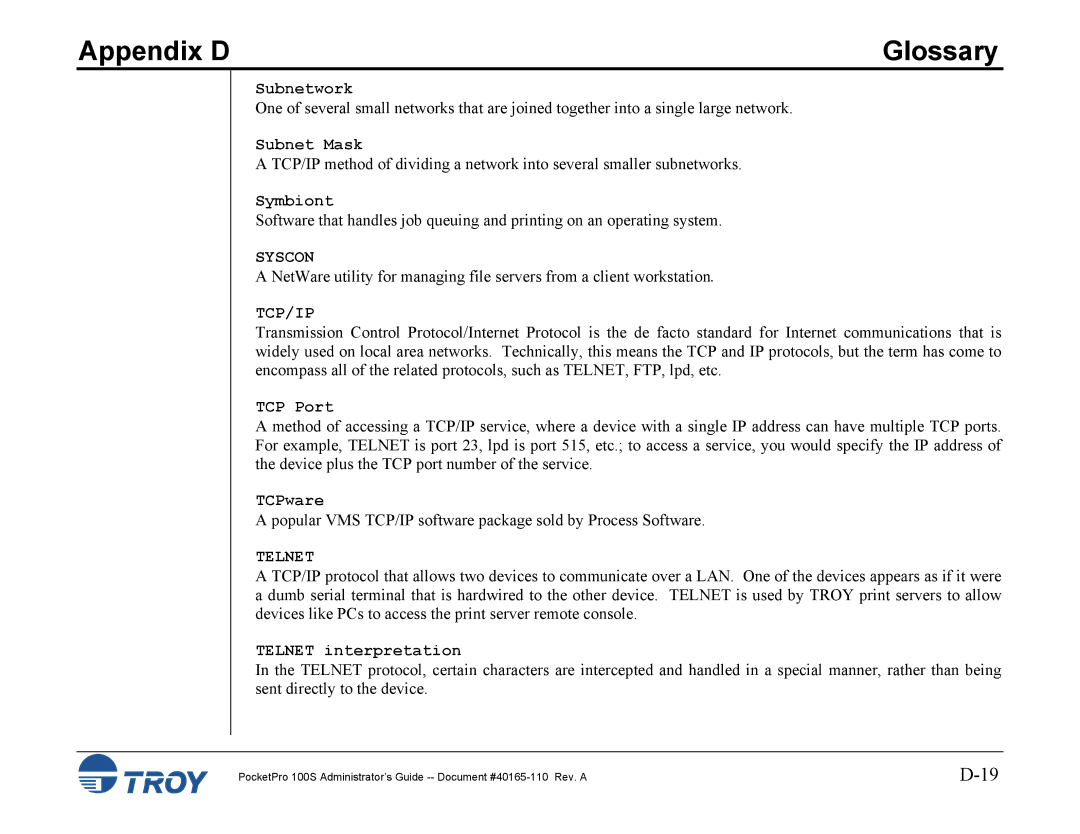 TROY Group 100S manual Syscon, Tcp/Ip, Telnet 