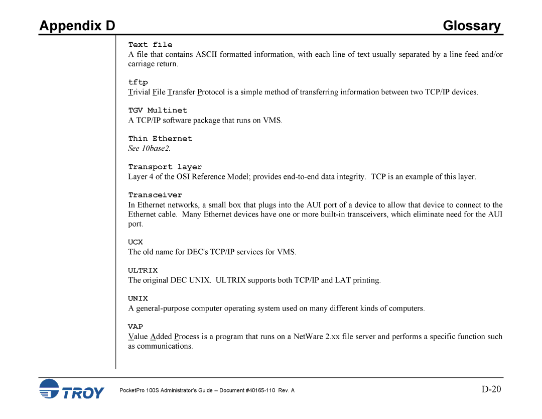 TROY Group 100S manual Ucx, Ultrix, Unix, Vap 