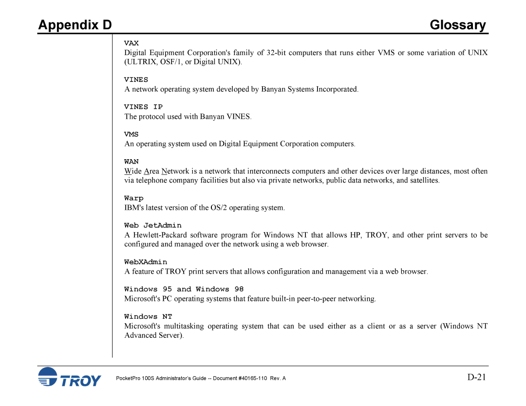 TROY Group 100S manual Vax, Vines IP, Vms, Wan 