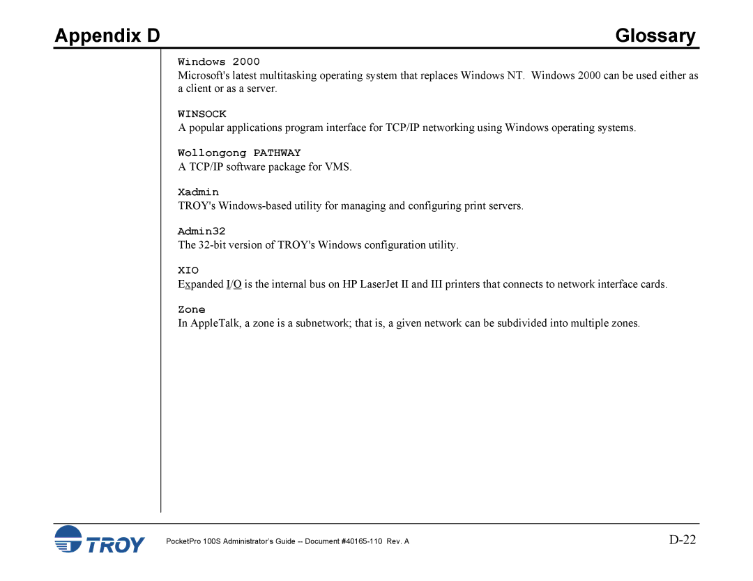 TROY Group 100S manual Winsock, Xio 