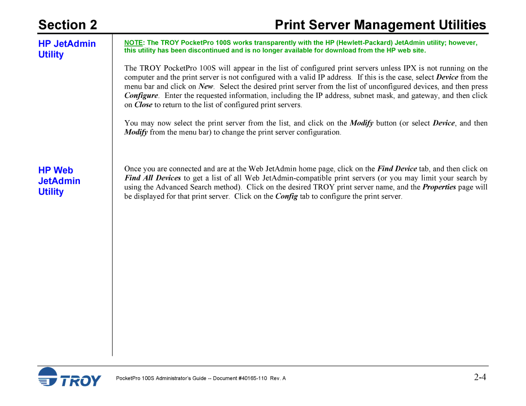 TROY Group 100S manual HP JetAdmin Utility HP Web 