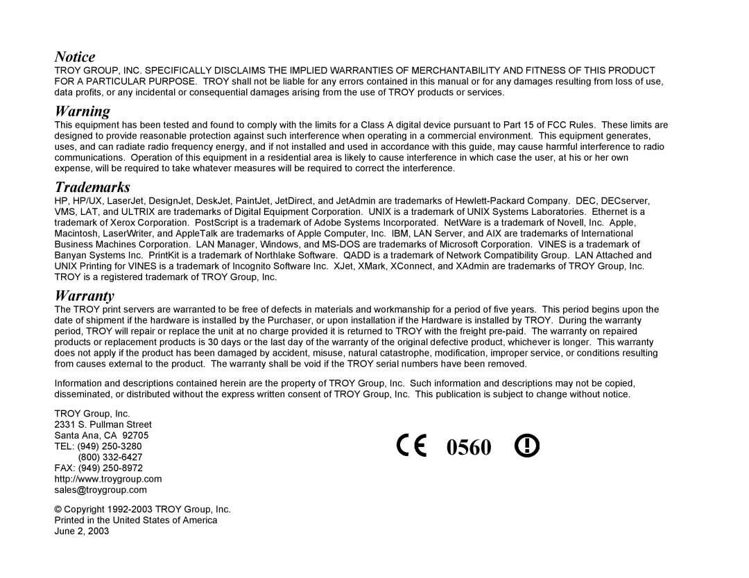 TROY Group 100S manual 0560 