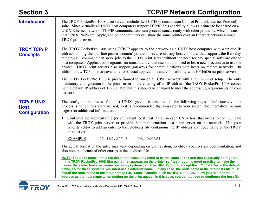 TROY Group 100S manual TCP/IP Network Configuration, Introduction Troy TCP/IP Concepts, Host Configuration 