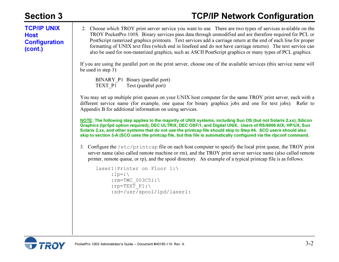 TROY Group 100S manual TCP/IP Unix Host Configuration 