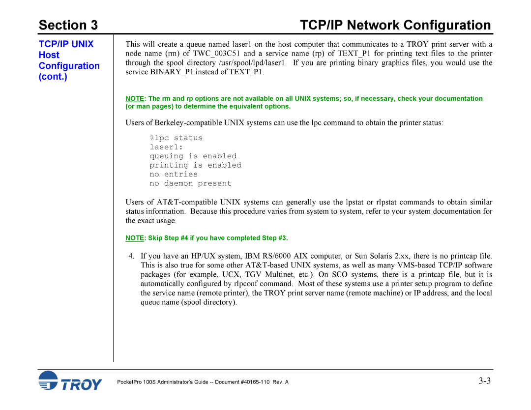 TROY Group 100S manual Section 