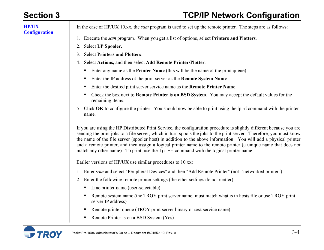 TROY Group 100S manual HP/UX Configuration 