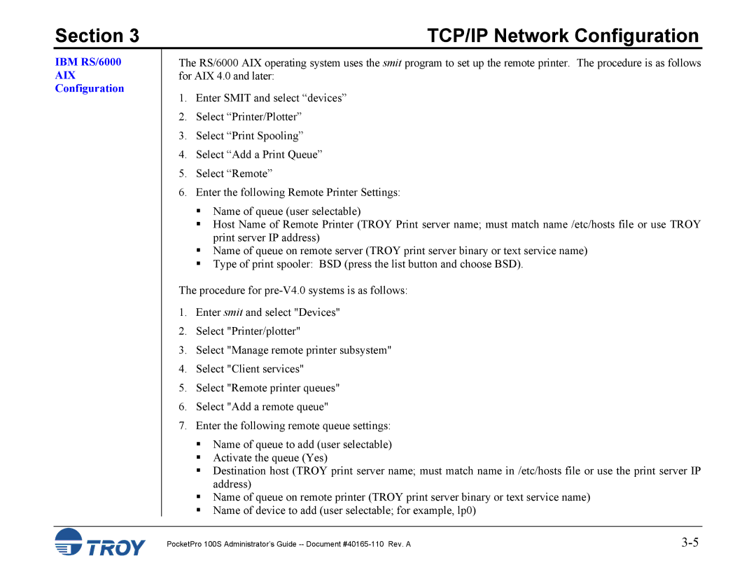 TROY Group 100S manual IBM RS/6000 AIX Configuration 