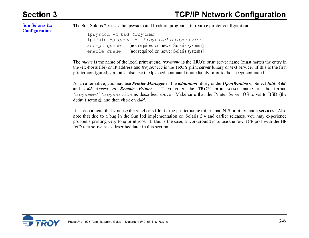 TROY Group 100S manual Sun Solaris 2.x Configuration 