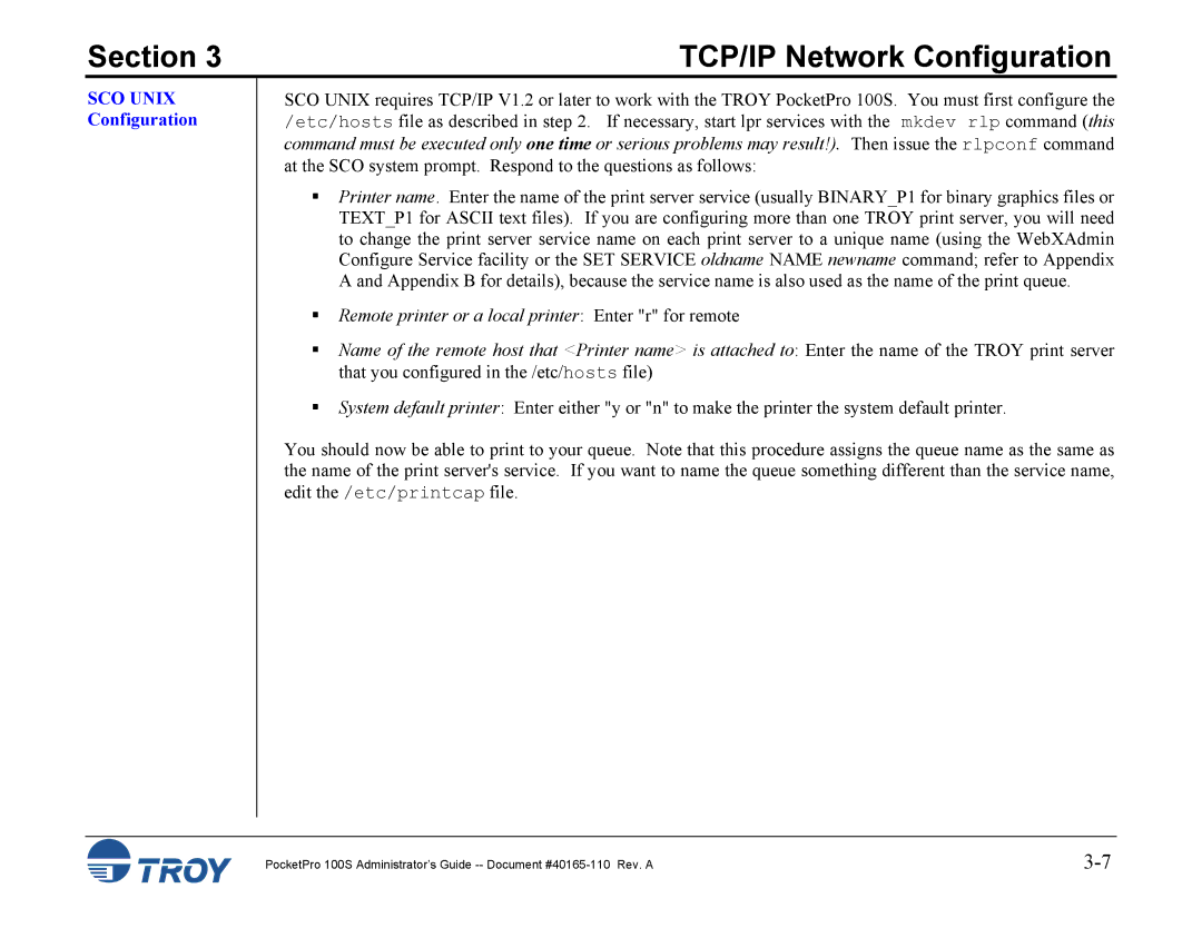 TROY Group 100S manual SCO Unix Configuration 