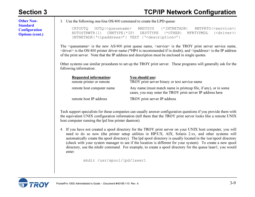 TROY Group 100S manual Requested information You should use 