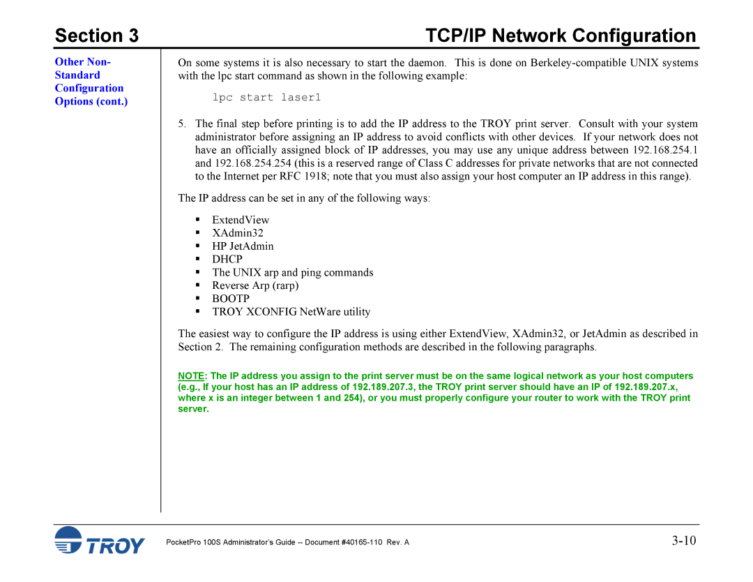 TROY Group 100S manual Dhcp 