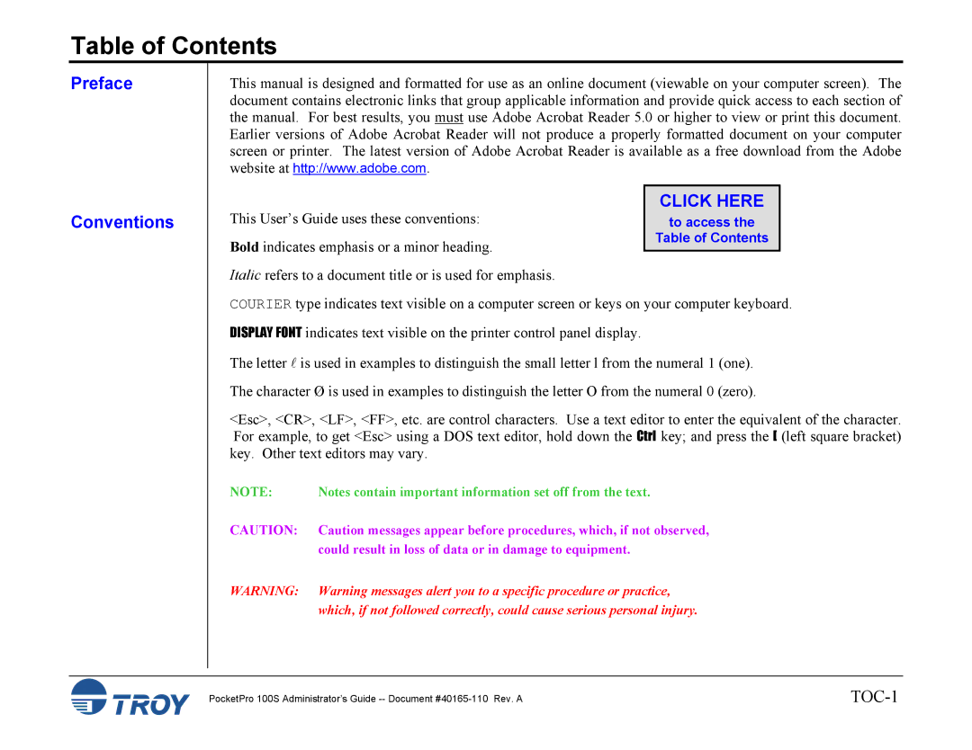 TROY Group 100S manual Table of Contents 