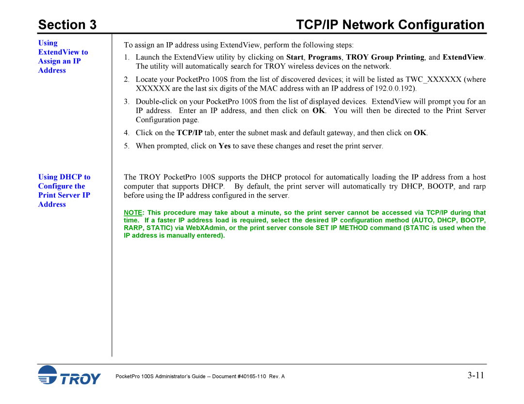 TROY Group 100S manual Section 