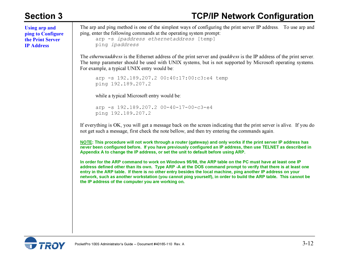 TROY Group 100S manual Using arp and ping to Configure the Print Server IP Address 