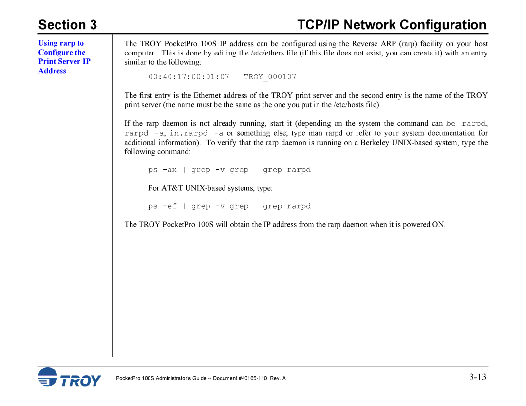 TROY Group 100S manual Using rarp to Configure the Print Server IP Address 