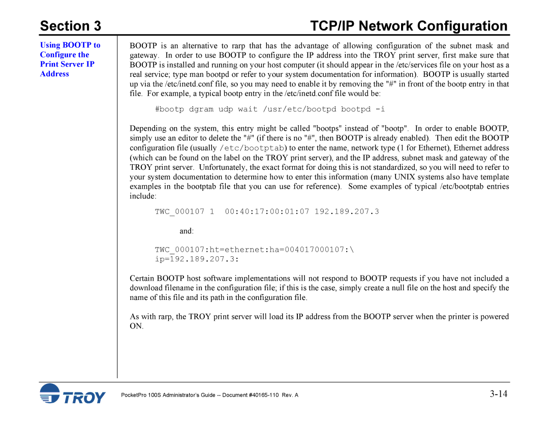 TROY Group 100S manual Using Bootp to Configure the Print Server IP Address 