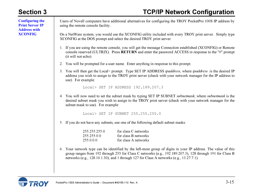 TROY Group 100S manual Configuring the Print Server IP Address with, Xconfig 