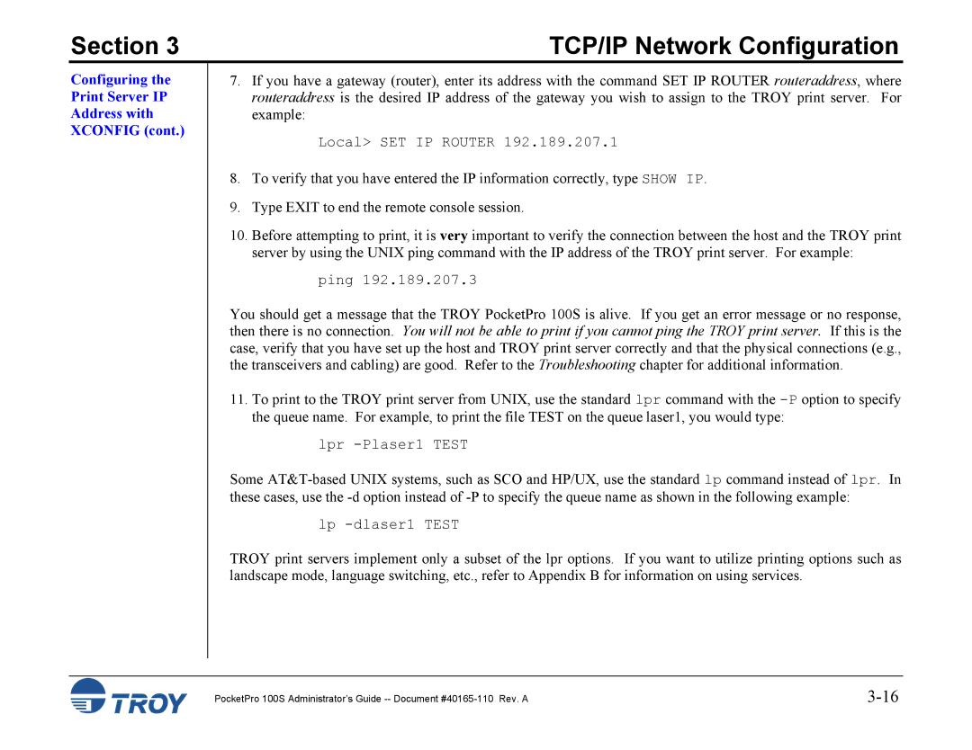 TROY Group 100S manual Configuring the Print Server IP Address with Xconfig 