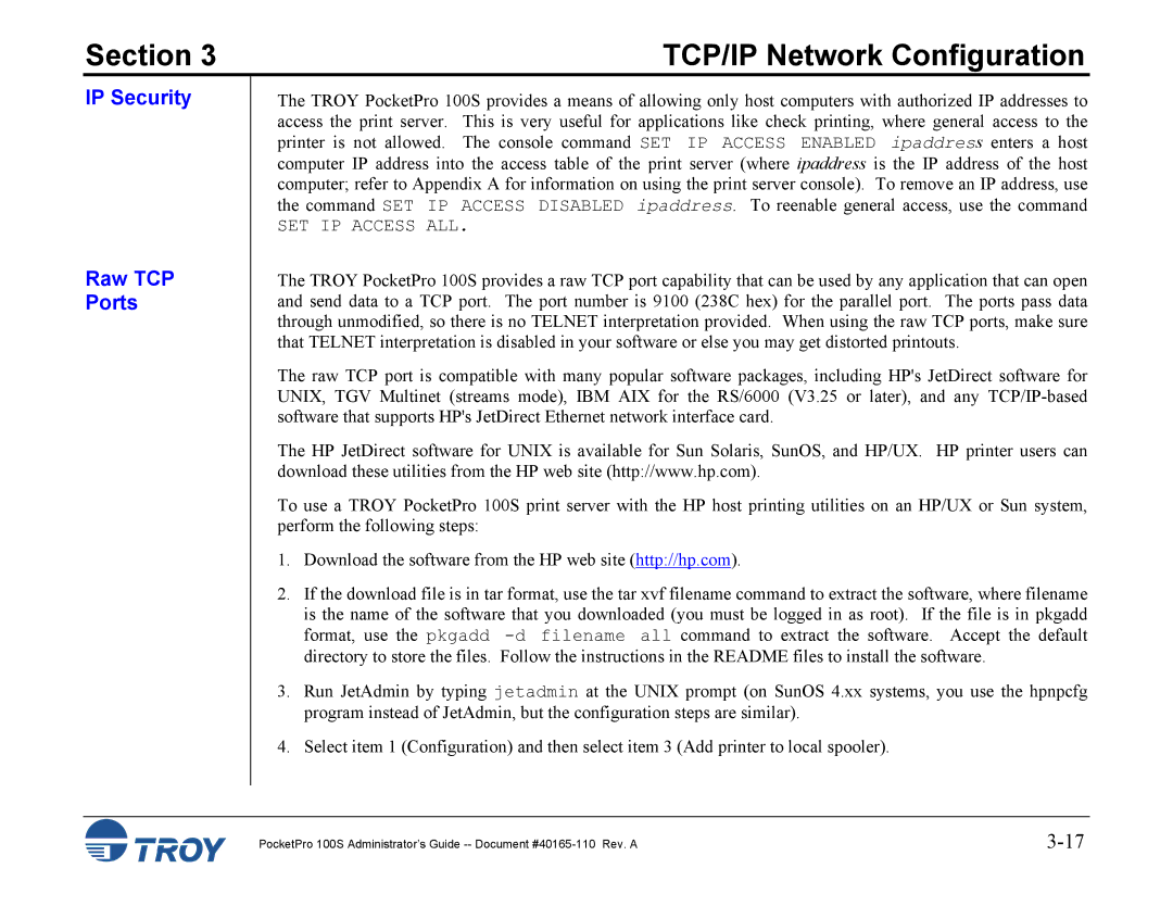 TROY Group 100S manual IP Security Raw TCP Ports 