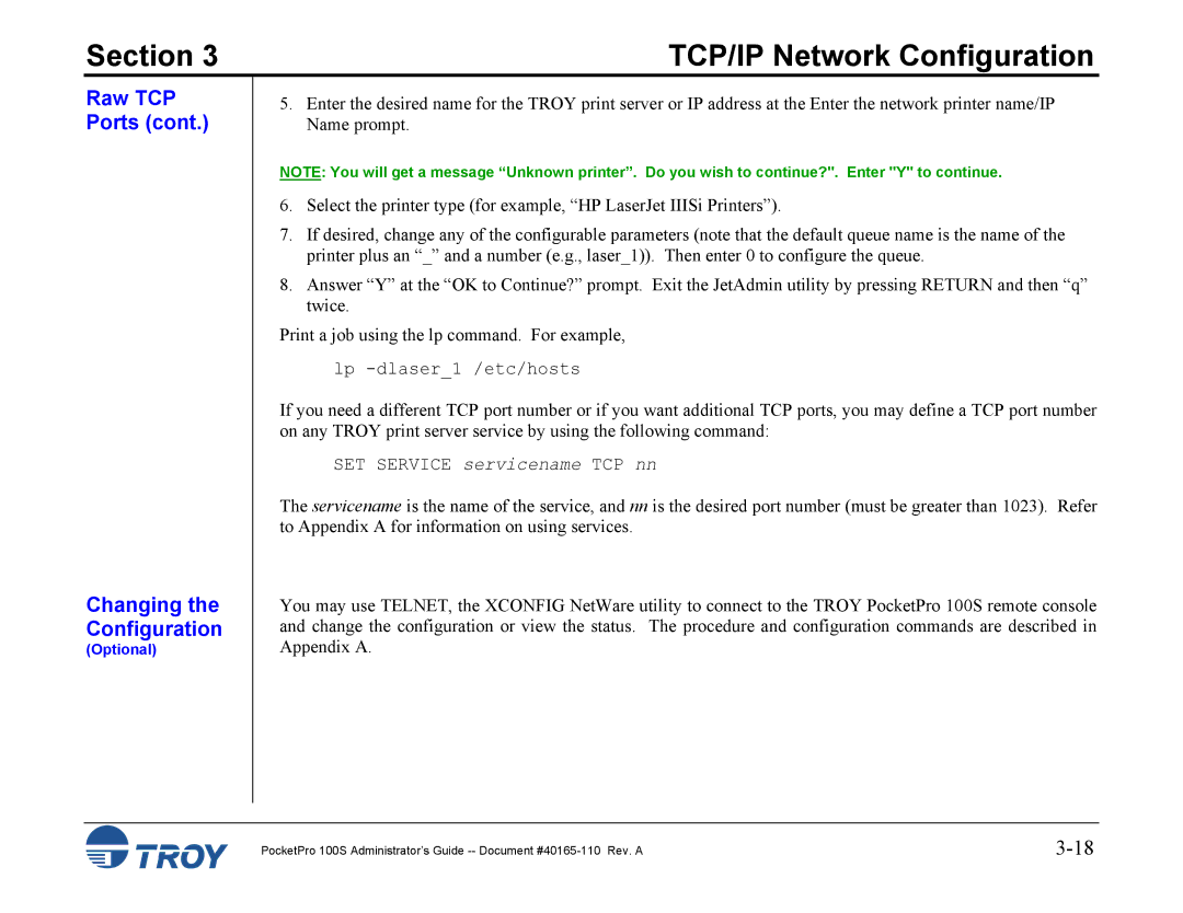 TROY Group 100S manual Raw TCP Ports Changing the Configuration 