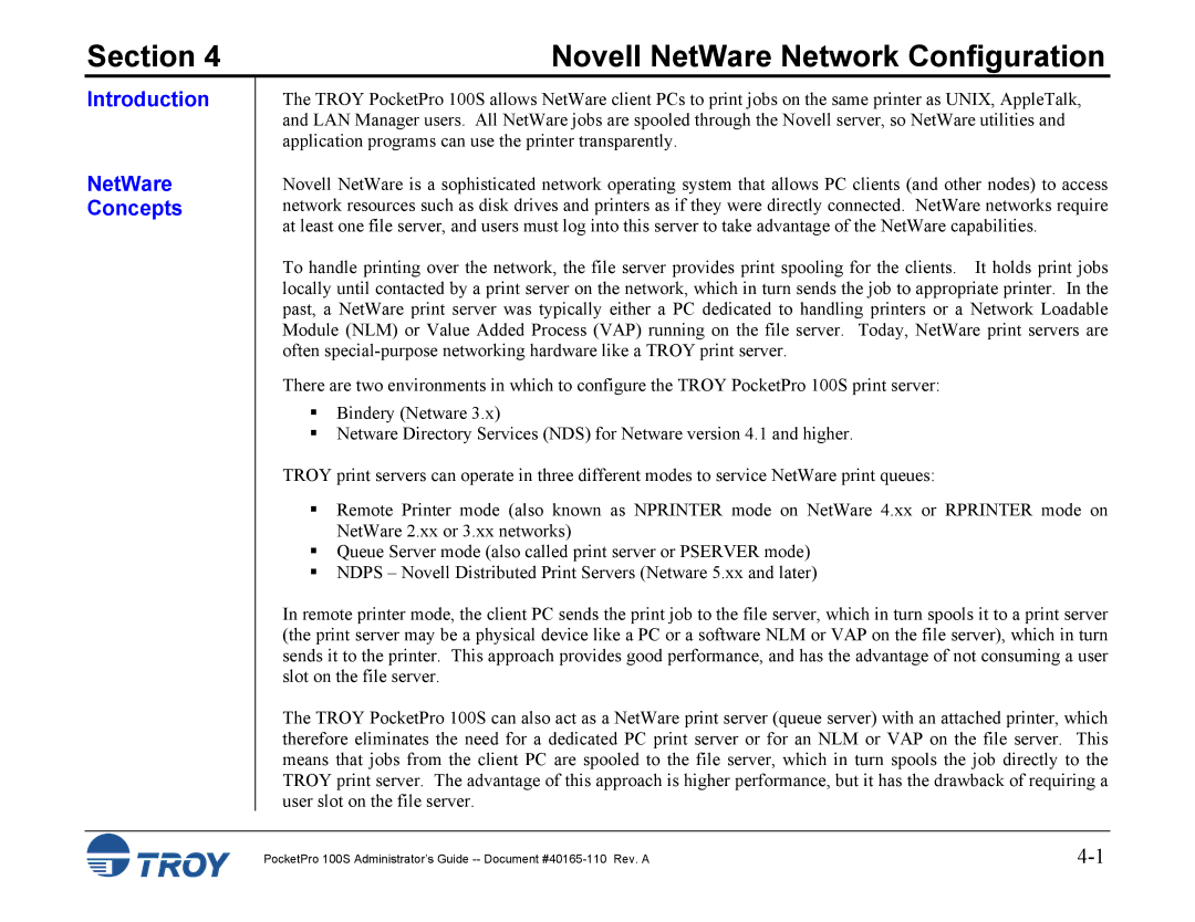 TROY Group 100S manual Novell NetWare Network Configuration, Introduction NetWare Concepts 