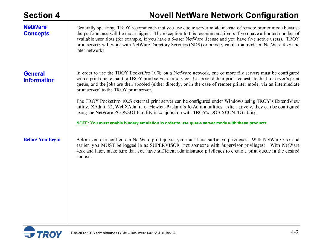 TROY Group 100S manual NetWare Concepts General Information, Before You Begin 