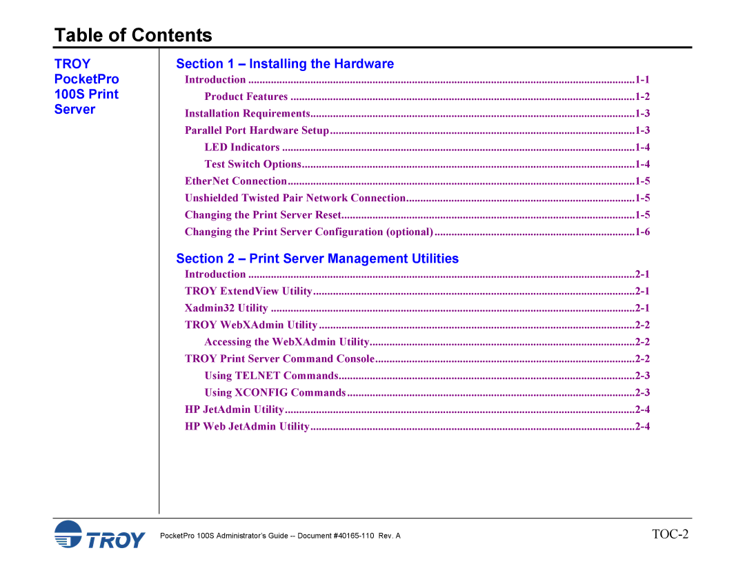 TROY Group manual PocketPro 100S Print Server Installing the Hardware, Print Server Management Utilities 