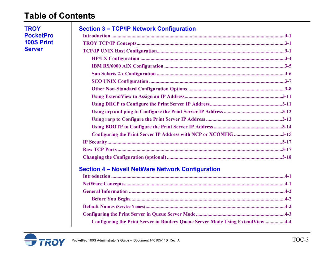 TROY Group manual PocketPro 100S Print Server TCP/IP Network Configuration, Novell NetWare Network Configuration 