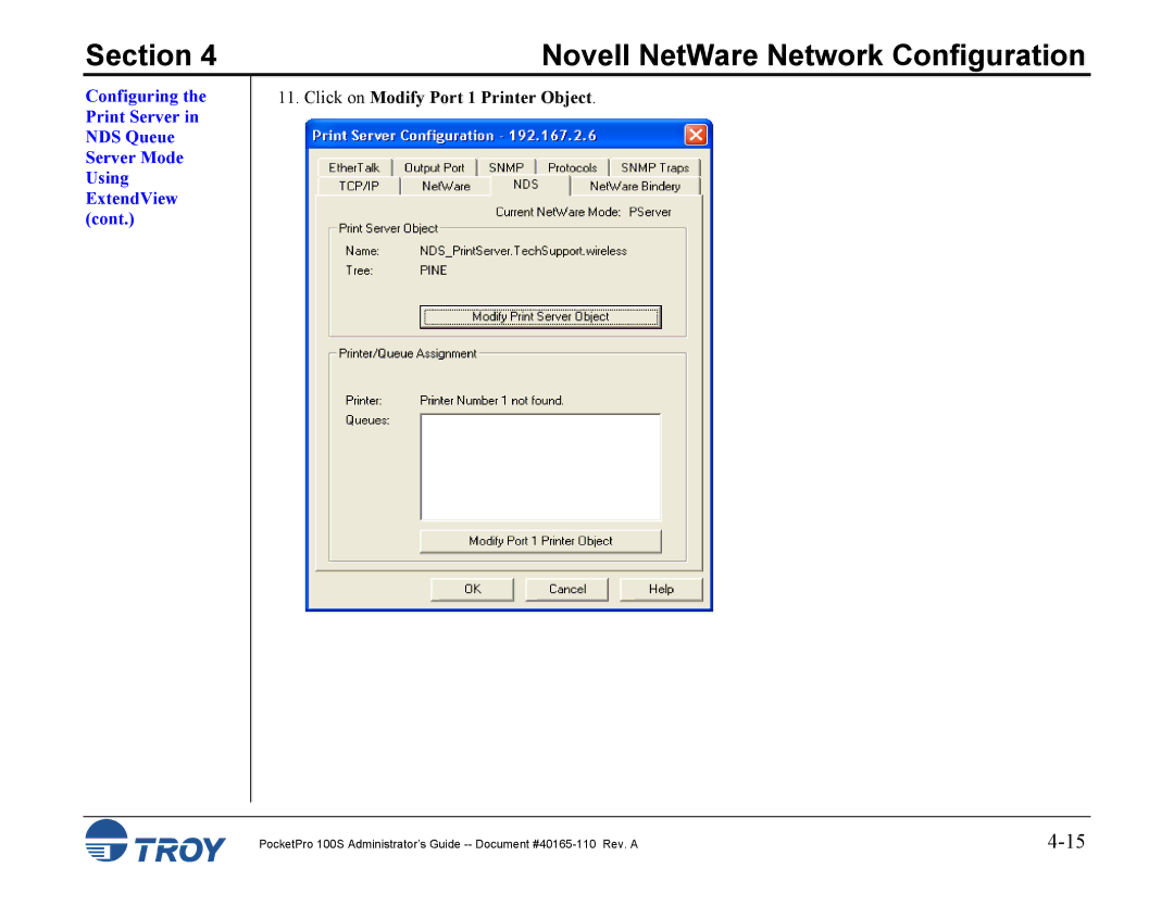 TROY Group 100S manual Click on Modify Port 1 Printer Object 