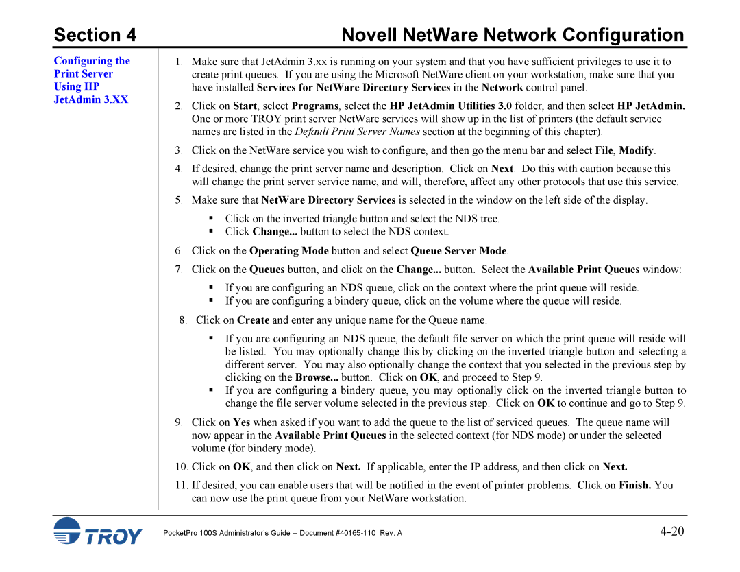 TROY Group 100S manual Configuring the Print Server Using HP JetAdmin 