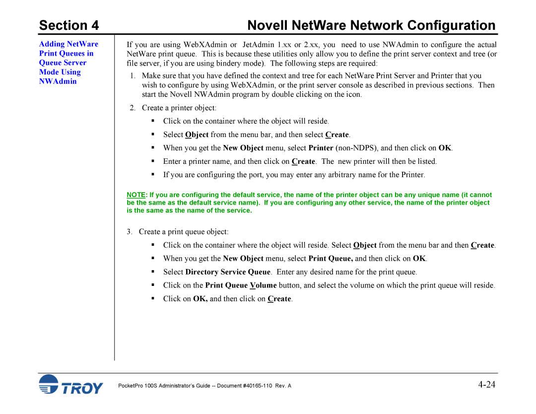 TROY Group 100S manual Adding NetWare Print Queues Queue Server Mode Using NWAdmin 