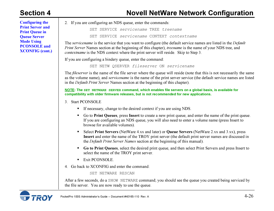 TROY Group 100S manual If you are configuring an NDS queue, enter the commands 